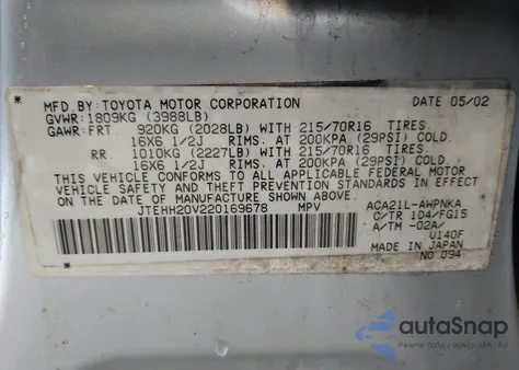 2002 Toyota Rav4 z USA, uszkodzony, nr VIN JTEHH20V220169678